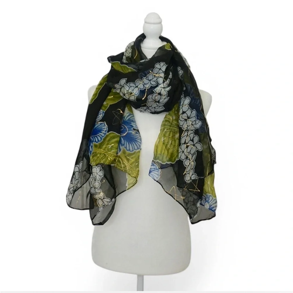 💜 VINTAGE Black Sheer Floral/Star Pattern Scarf (OS)